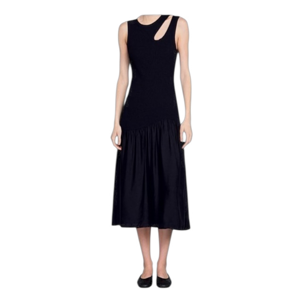 Sandro Black Sleeveless Ribbed Midi Dress with Shoulder Cutout FR40